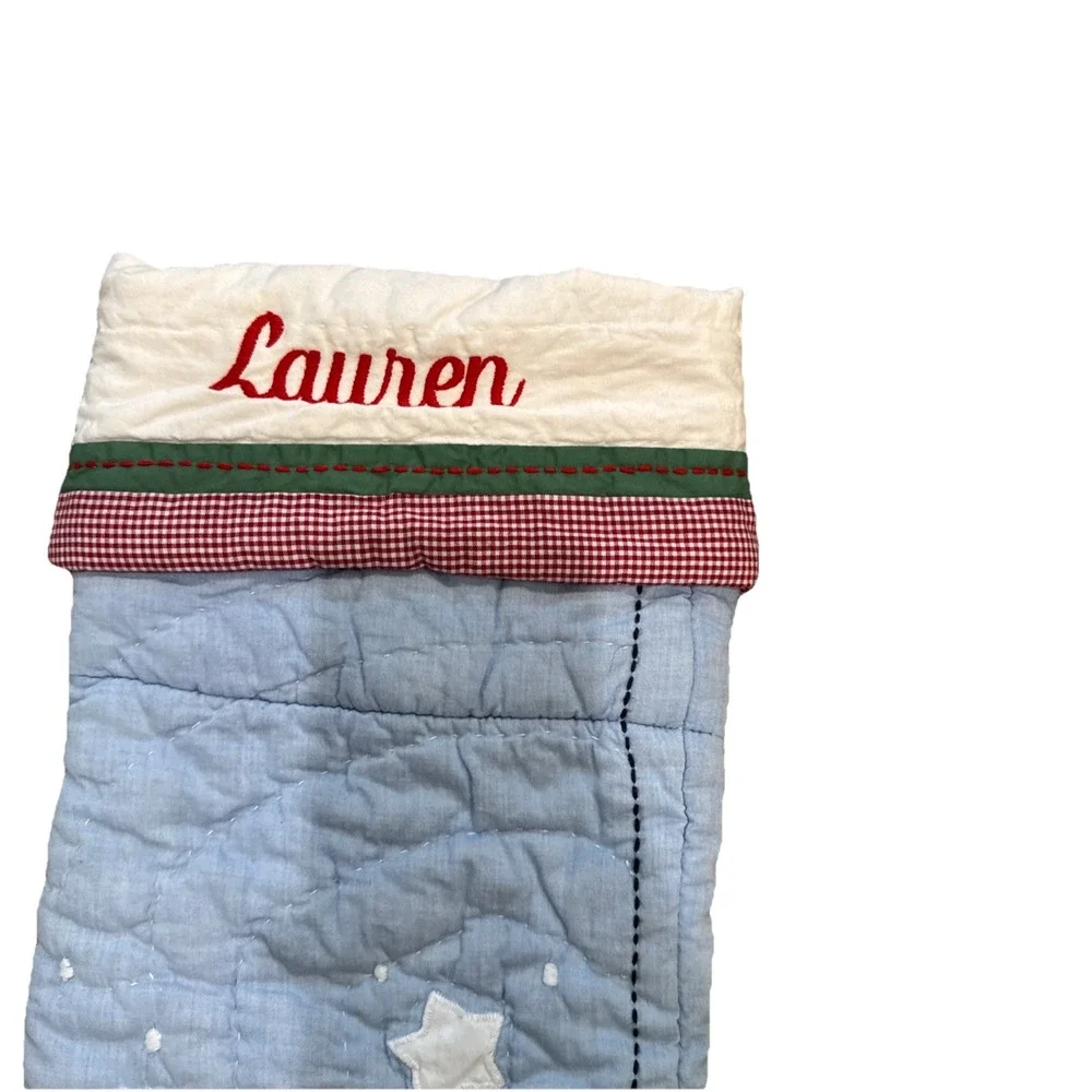 Pottery Barn Kids Quilted Christmas Stocking Santa Blue Gingham 